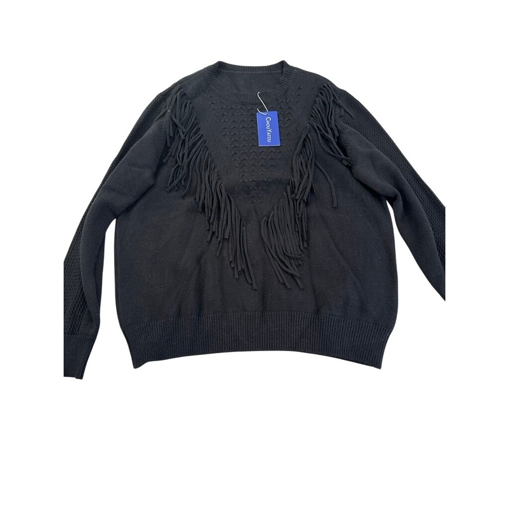 Chouyatou Womens XL Black Fringe Western Boho Crewneck Sweater QMDJL391 NEW